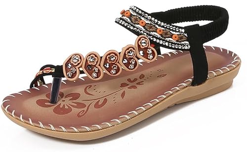 Damen Sandalen Sommer Sandalen Mit Strass Perlen Bohemia Elegant Strand Schuhe, Lässige Offene Elastic Flach Sandalette Orthopädische Flip Flops (Schwarz,41) von ILESTDG