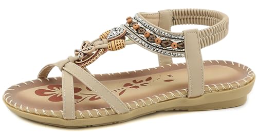 Damen Sandalen Sommer Sandalen Mit Strass Perlen Bohemia Strand Schuhe T-Riemen Elastic Flach Sandalette Flip Flops Elegante Strandschuhe (Beige,36) von ILESTDG