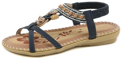 Damen Sandalen Sommer Sandalen Mit Strass Perlen Bohemia Strand Schuhe T-Riemen Elastic Flach Sandalette Flip Flops Elegante Strandschuhe (Blau,36) von ILESTDG