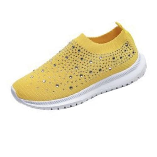 ILESTDG Damen Sneaker Atmungsaktiv - Leichte Laufschuhe Mit Strasssteinen, Mesh & Slip-On Design Für Outdoor & Freizeit (Gelb,38) von ILESTDG