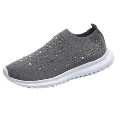 ILESTDG Damen Sneaker Atmungsaktiv - Leichte Laufschuhe Mit Strasssteinen, Mesh & Slip-On Design Für Outdoor & Freizeit (Grau,41) von ILESTDG