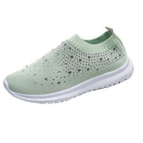 ILESTDG Damen Sneaker Atmungsaktiv - Leichte Laufschuhe Mit Strasssteinen, Mesh & Slip-On Design Für Outdoor & Freizeit (Grün,42) von ILESTDG