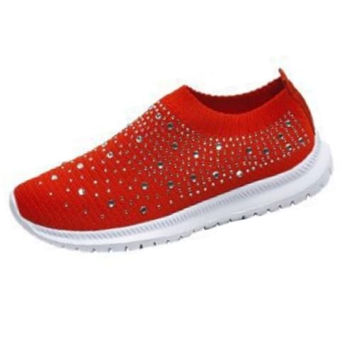 ILESTDG Damen Sneaker Atmungsaktiv - Leichte Laufschuhe Mit Strasssteinen, Mesh & Slip-On Design Für Outdoor & Freizeit (Rot,40) von ILESTDG