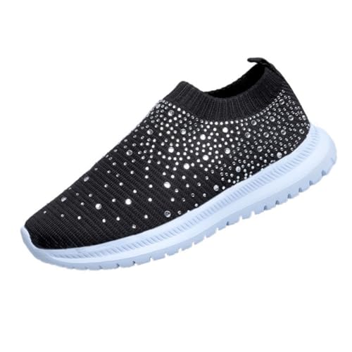ILESTDG Damen Sneaker Atmungsaktiv - Leichte Laufschuhe Mit Strasssteinen, Mesh & Slip-On Design Für Outdoor & Freizeit (Schwarz,40) von ILESTDG