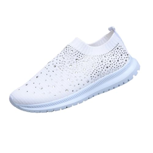 ILESTDG Damen Sneaker Atmungsaktiv - Leichte Laufschuhe Mit Strasssteinen, Mesh & Slip-On Design Für Outdoor & Freizeit (Weiß,38) von ILESTDG