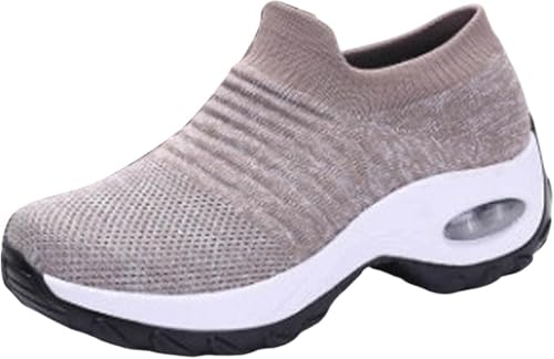 ILESTDG Damen Sportschuhe Bequeme Turnschuhe Laufschuhe mit Keilabsatz Mesh Luftkissen Outdoorschuhe Slip On Sneaker Fitnessschuhe Walking Schuhe (Khaki,41) von ILESTDG