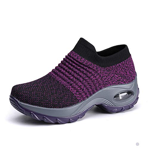 ILESTDG Damen Sportschuhe Bequeme Turnschuhe Laufschuhe mit Keilabsatz Mesh Luftkissen Outdoorschuhe Slip On Sneaker Fitnessschuhe Walking Schuhe (Lila,41) von ILESTDG