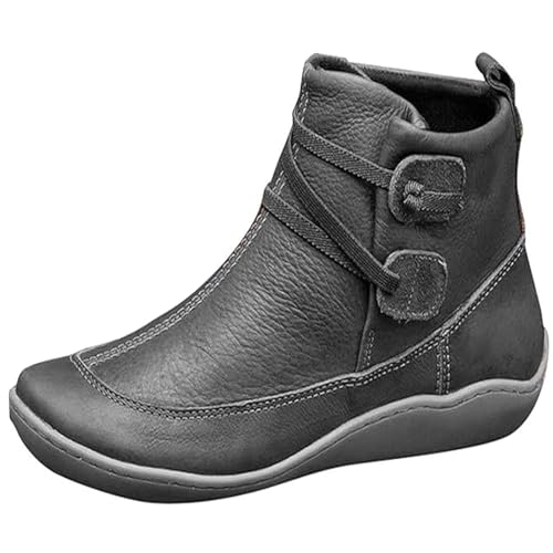 ILESTDG Damen Stiefel Leder, Barfuss Schuhe Outdoor, Herbst Winter Vintage Lederschuhe Schuhe Plateau Stiefel Mit Zipper Comfort Knöchel Worker Boots (Grau,42) von ILESTDG