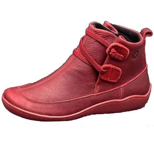 ILESTDG Damen Stiefel Leder, Barfuss Schuhe Outdoor, Herbst Winter Vintage Lederschuhe Schuhe Plateau Stiefel Mit Zipper Comfort Knöchel Worker Boots (Rot,42) von ILESTDG
