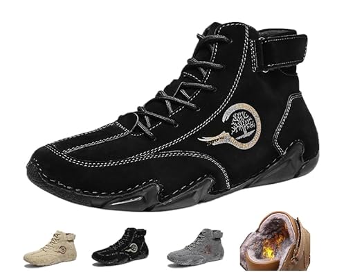 ILESTDG FeelFree - Ergonomische, schmerzlindernde, wasserdichte Herren Herbst Winter Barfußschuhe-Leder Barfußschuhe(Schwarz Plus Samt,Numeric_44) von ILESTDG