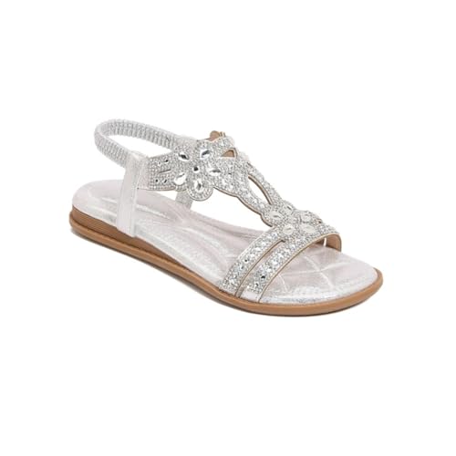 ILESTDG Glitzer Sandalen Damen Elegant Flach Strass Sommer 2025 | Bequem Weiche Sohle | Slingback Zehentrenner | Größe 36-46 | Boho Strandschuhe (Silber,40) von ILESTDG