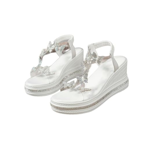 ILESTDG Glitzer-Sandalen Damen Mit Schmetterling – Elegante Wedge Absatz Sandaletten Für Hochzeit, Party & Abend | Bequemer Slip-On (37) von ILESTDG