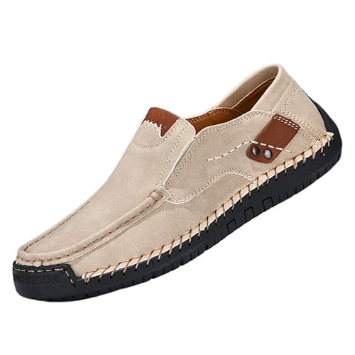 ILESTDG Handgefertigt Herren-Mokassins Aus Leder, Zum Reinschlüpfen, Lässig, Business-Schuhe, Herren-Loafer, Leicht, Atmungsaktiv (Beige,42) von ILESTDG