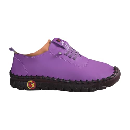 ILESTDG Handgemachte Lederschuhe Freizeitschuhe Damen - Atmungsaktive Walkingschuhe Mit Flacher Sohle & Schnürsenkel (Lila-1,40) von ILESTDG