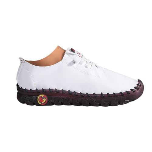 ILESTDG Handgemachte Lederschuhe Freizeitschuhe Damen - Atmungsaktive Walkingschuhe Mit Flacher Sohle & Schnürsenkel (Weiß,41) von ILESTDG