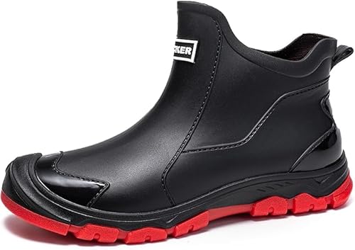 ILESTDG Herren Gummistiefel Wasserdicht Rutschfest Leichte Schuhe Regenstiefel Gummi-Angelschuhe Arbeitsstiefel Gartenschuhe (Schwarz Rot,48) von ILESTDG