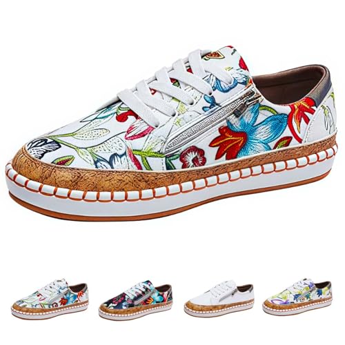 ILESTDG Low-Cut Canvas Sneaker Damen, Bequeme Slip-On Loafer Flats, Flache Halbschuhe Für Alle Jahreszeiten, Bestickte Liebesmuster Canvas Schnürschuhe (Rote Blume,40) von ILESTDG