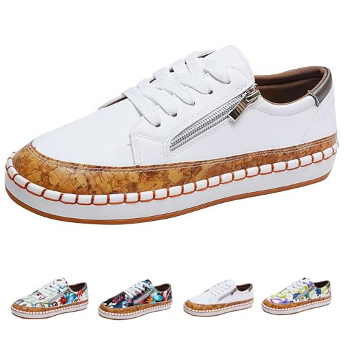 ILESTDG Low-Cut Canvas Sneaker Damen, Bequeme Slip-On Loafer Flats, Flache Halbschuhe Für Alle Jahreszeiten, Bestickte Liebesmuster Canvas Schnürschuhe (Weiße,43) von ILESTDG