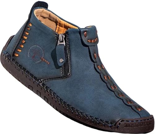 ILESTDG Männer Frühling Und Herbst Neue Große Größe Rutschfeste Stiefel,Handgenähte Leder Rutschfeste Seite Reißverschluss Lässige Stiefel (Blau,41) von ILESTDG