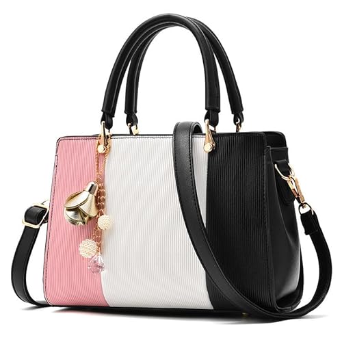 ILESTDG Modische Damenhandtasche, Zweifarbige Spleiß-Schulter-UmhäNgetasche, GroßE KapazitäT, Multifunktionale Pendlertasche Mit AnhäNger (Grau/Weiß/Schwarz Und Weiß) (Schwarz mit rosa-groß) von ILESTDG