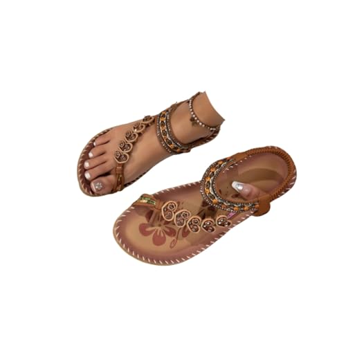ILESTDG Orthopädische Sandalen Damen – Bequeme Sandaletten Mit Fußbett, Boho Style & Strass-Deko – Flache Sommerschuhe Für Strand & Freizeit (Khaki,40) von ILESTDG