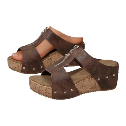 ILESTDG Pantoletten Damen Mit Absatz | Keilsandaletten Plateau | Atmungsaktive Sommerschuhe (Braun(Reißverschlüsse),39) von ILESTDG