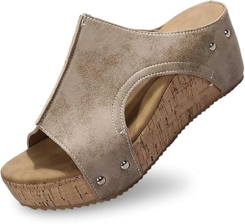 Pantoletten Wechselfussbett Damen - Hausschuhe Riemen Sandalen Mit Absatz Sommer Keilabsatz Keilsandalen Elegant Keilsandaletten Plateauschuhe (Beige Hausschuhe,38) von ILESTDG