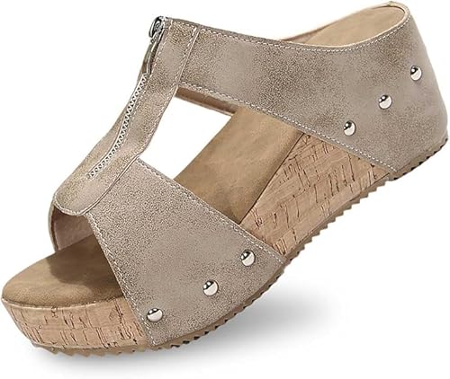 Pantoletten Wechselfussbett Damen - Hausschuhe Riemen Sandalen Mit Absatz Sommer Keilabsatz Keilsandalen Elegant Keilsandaletten Plateauschuhe (Beige Reißverschluss,43) von ILESTDG