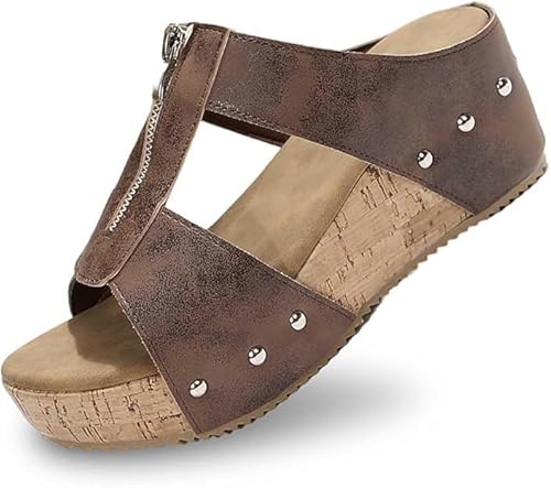Pantoletten Wechselfussbett Damen - Hausschuhe Riemen Sandalen Mit Absatz Sommer Keilabsatz Keilsandalen Elegant Keilsandaletten Plateauschuhe (Braun Reißverschluss,38) von ILESTDG