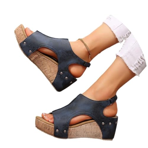 Pantoletten Wechselfussbett Damen - Hausschuhe Riemen Sandalen Mit Absatz Sommer Keilabsatz Keilsandalen Elegant Keilsandaletten Plateauschuhe (Dunkelblau,38) von ILESTDG