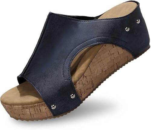 Pantoletten Wechselfussbett Damen - Hausschuhe Riemen Sandalen Mit Absatz Sommer Keilabsatz Keilsandalen Elegant Keilsandaletten Plateauschuhe (Dunkelblaue Hausschuhe,37) von ILESTDG