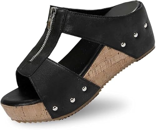 Pantoletten Wechselfussbett Damen - Hausschuhe Riemen Sandalen Mit Absatz Sommer Keilabsatz Keilsandalen Elegant Keilsandaletten Plateauschuhe (Schwarz Reißverschluss,36) von ILESTDG