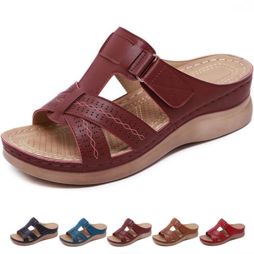ILESTDG Ergonomische Damensandalen Für Schmerzlinderung - OrthoGrace Damen Pantoletten Korrektursandalen Sandalen Breite Füße Damen (Bordeauxrot,39) von ILESTDG