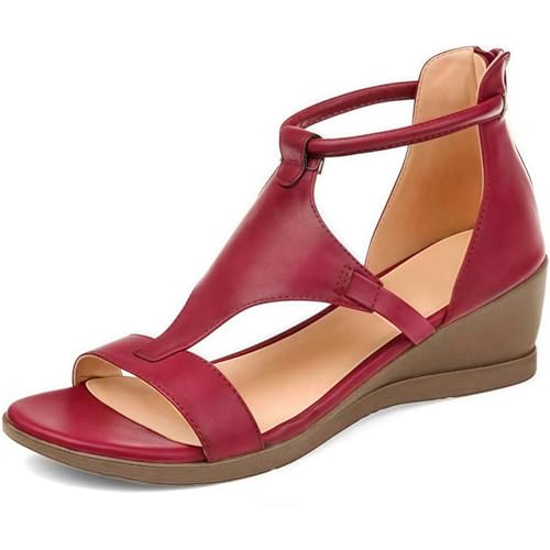 ILESTDG Stilvolle Orthopädische Plateausandalen | Damen Keilabsatz Sandalen Frauen Sommer | Offene Schuhe Faux Leder Plattform Flip Flops (Rot,39) von ILESTDG