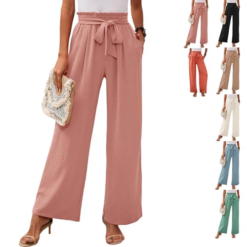 ILESTDG Stoffhose Damen Elegant Einfarbig Weite Hose, Palazzo Hose Sommer Mit Gummizug Lang Weites Bein, Lässig Strandhose Bequeme Sporthose Outdoorhose (Rosa,M) von ILESTDG