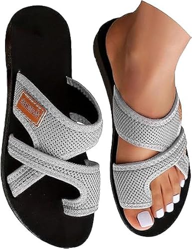 Orthopädische Sandalen Damen Hallux Valgus Flach Pantolette Leichte Strandsandalen Bequeme Big Toe Netz-Hausschuhe mit Fußgewölbeunterstützung (Grau,38) von ILESTDG