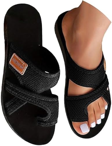Orthopädische Sandalen Damen Hallux Valgus Flach Pantolette Leichte Strandsandalen Bequeme Big Toe Netz-Hausschuhe mit Fußgewölbeunterstützung (Schwarz,36) von ILESTDG