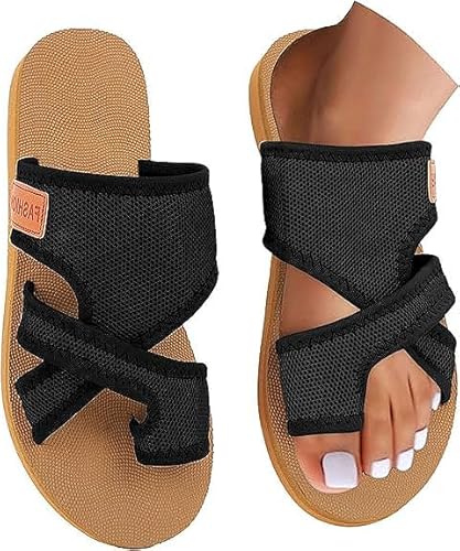 Orthopädische Sandalen Damen Hallux Valgus Flach Pantolette Leichte Strandsandalen Bequeme Big Toe Netz-Hausschuhe mit Fußgewölbeunterstützung (Schwarz/brauner Sohle,43) von ILESTDG