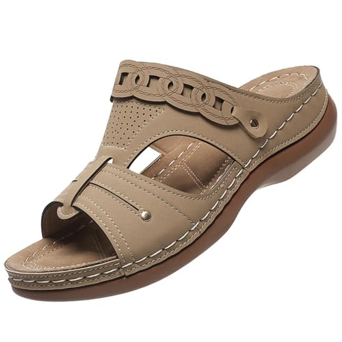Orthopädische Sandalen Damen Pantoletten Hausschuhe Walking Sandalen Arch Support Mit Fussbett Slides Slipperstrandschuhe Peep Toe Plateau (Khaki,39) von ILESTDG
