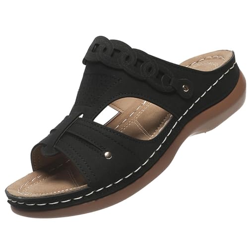 Orthopädische Sandalen Damen Pantoletten Hausschuhe Walking Sandalen Arch Support Mit Fussbett Slides Slipperstrandschuhe Peep Toe Plateau (Schwarz,35) von ILESTDG