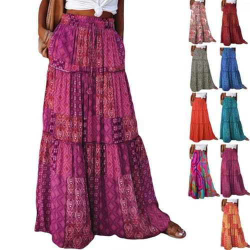 Rock Damen Lang Boho Blumen Hohe Elastische Taille, Taschen Strandrock Sommer A-Linie Skirt Freizeitrock Leicht Und Luftig Strandkleider (L,Magenta) von ILESTDG