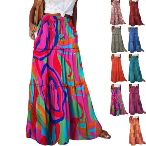 Rock Damen Lang Boho Blumen Hohe Elastische Taille, Taschen Strandrock Sommer A-Linie Skirt Freizeitrock Leicht Und Luftig Strandkleider (M,Purpur) von ILESTDG