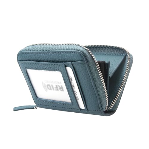 ILIYAH Damen Geldbörse RFID-Blockierung Leder kompaktes Portemonnaie für Frau Münztasche kleine Damengeldbörse mit ID-Fenster(Blau) von ILIYAH