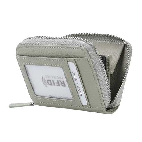 ILIYAH Damen Geldbörse RFID-Blockierung Leder kompaktes Portemonnaie für Frau Reißverschluss Münztasche kleine Damengeldbörse mit ID-Fenster(Grau) von ILIYAH