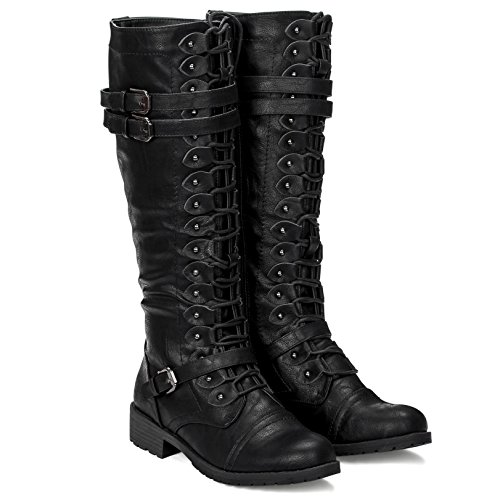 ILLUDE Damen Knee High Lace Up Buckle Military Combat Boots, Schwarz, 39 EU von ILLUDE