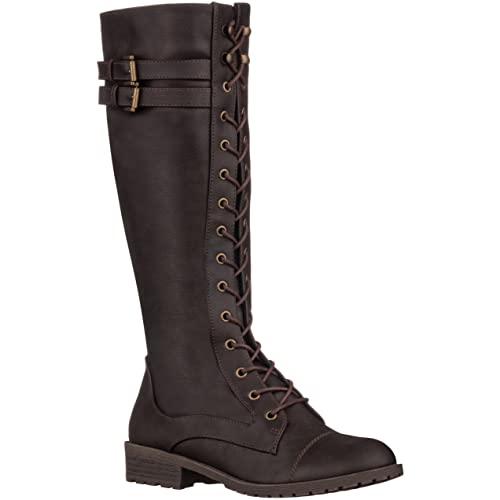 ILLUDE Damen Kniehohe Reitstiefel Schnürung Schnalle Militär Combat Boots, braun, 42 EU von ILLUDE