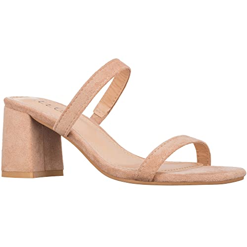 ILLUDE Lisa Damen-Sandalen mit Blockabsatz, Doppelband, quadratischer Zehenbereich, zum Hineinschlüpfen, Hautfarben - Nude Suede, 37.5 EU von ILLUDE