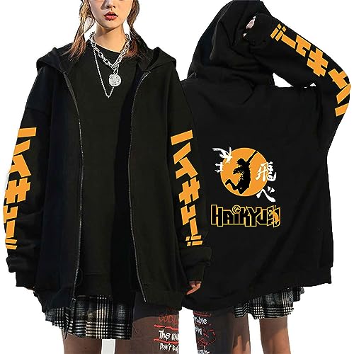 Haiky-uu!! Longsleeve Herren Jacke, Lange Ärmel Kordelzug Kawaii Manga Kapuzenjacke, Bequemer Jacket Ideal für Freizeit und Sportbekleidung-Black A||XL von ILLUMAX