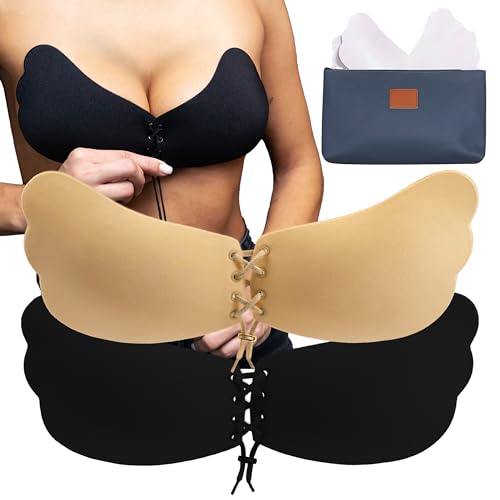ILLURE® Klebe BH [2 St.] Selbstklebender Push-up BH inkl. Make-Up Tasche | Rückenfrei, Trägerlos, Unsichtbar und Wiederverwendbar | Schwarz & Beige von ILLURE