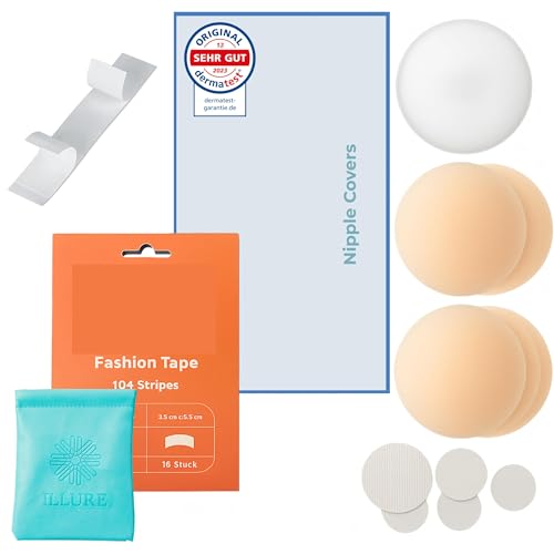 ILLURE® Nippelpads + Fashion Tape Set | Damen Nipple Cover [4 Paar] und Doppelseitiges Body Tape 104 Stück | Transparent & Hautfreundlich | unsichtbar, wiederverwendbar, rückenfrei & trägerlos von ILLURE